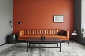 Living room features orange leather sofa and minimal decor on two-tone wall. Generative AI