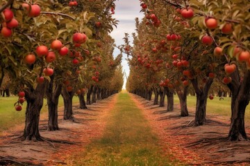 Naklejka premium apple orchard rows with autumn colors in background