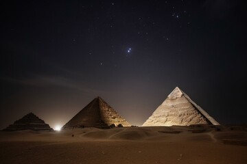 The pyramids of Giza shining at night with a bright and radiant glow. Generative AI