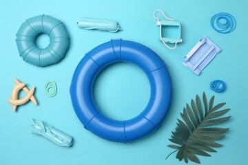 Simple blue summer vacation mock up display with inflatable ring and summer icons. Generative AI