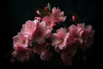 Pink blooms against dark background. Generative AI