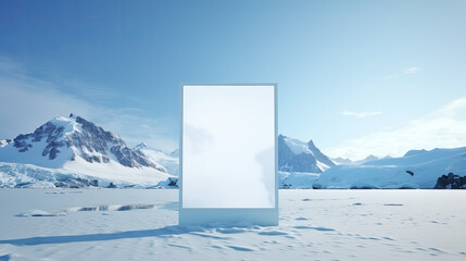 empty billboard standing alone in ski station, vast snowy mountain landscape field in background, snow and blue sky, vertical white poster in the middle, global warming awareness