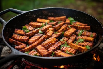 tempeh bacon strips sizzling in a pan