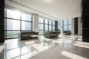 Contemporary lobby with furniture, reception, city-view window & tiled floor. Generative AI