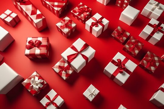 Grid of Christmas gifts on modern red and white wallpaper. Space for text. Generative AI