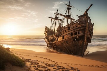 An ancient pirate galleon wrecked on sandy beach. Artistic. Generative AI - obrazy, fototapety, plakaty