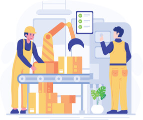 Warehouse robotic arm stacking package. Warehouse workers working on production line. Warehouse workers making cardboard boxes. Vector illustration