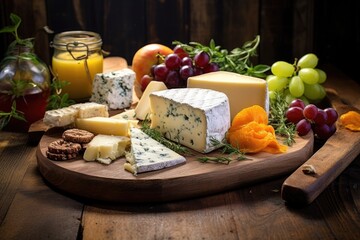 assorted cheese selection on rustic wooden board