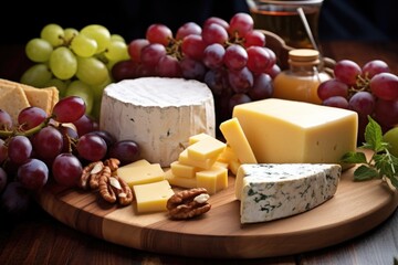 close-up of various cheeses and grapes on a wooden board