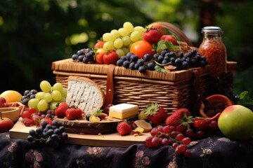 picnic basket filled with fresh fruits and sandwiches