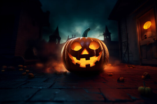 Halloween illustration, pumpkin, jack o lantern on a dark blue background, haunted city, night, scary, horror, mood illustration for halloween events, halloween party, autumn, fall