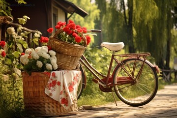 Fototapeta na wymiar bicycle with picnic basket and flowers in front basket