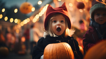 little girl holding a pumpkin, smile, happy, children celebrating hallowing, candies, candles, jack o lantern, pumpkins, autumn, halloween treats and sweets, children having fun