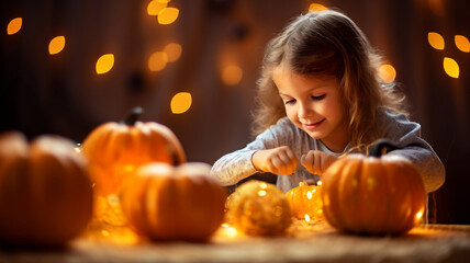 Fototapeta na wymiar little girl playing with halloween pumpkin, children celebrating hallowing, candies, candles, jack o lantern, pumpkins, autumn, halloween treats and sweets, children having fun