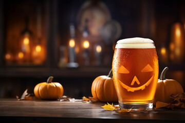 Halloween beer, autumn beer, event for halloween, october, glass of beer, pumpkins, Jack O'Lantern, orange colors, fallen leaves, brewery, pub event, bar, halloween party, scary