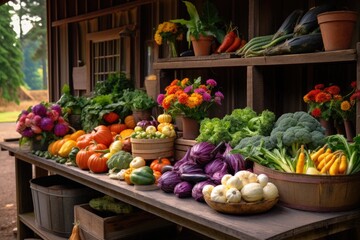 colorful heritage vegetables on a farm stand