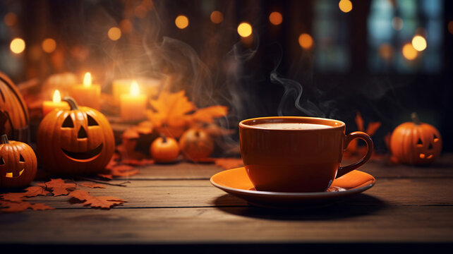 Halloween beverage, pumpkin latte, tea, coffee, hot chocolate, hot beverage, porcelain cup, fall, autumn, autumn beverage with pumpkins, orange, leaves, steaming cup, warm