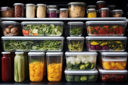 Organized Fridge With Labeled Meal Prep Containers And Ingredients