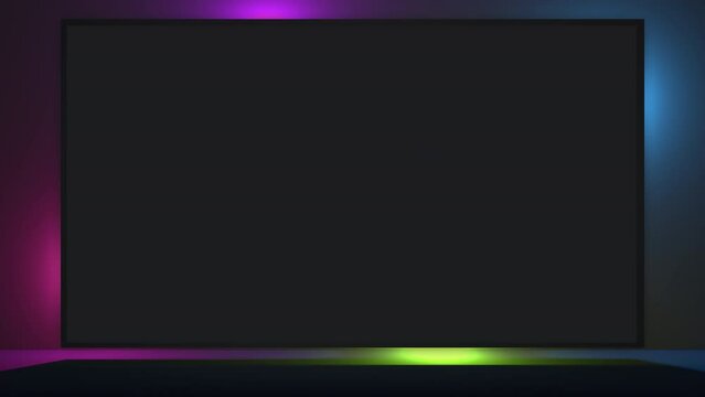 Black tv screen or frame with animated neon light in a seamless loop. Glowing frame with moving light.