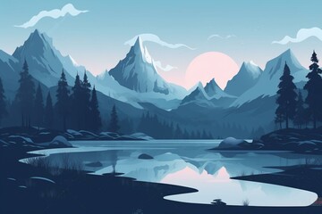 Illustration of stunning winter mountain and lake scenery. Generative AI