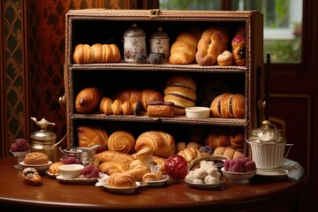 fresh bread and pastries arranged in a breadbox - obrazy, fototapety, plakaty