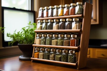a well-organized spice rack in a kitchen