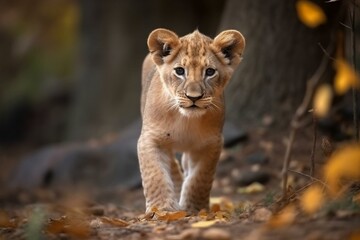 Adorable young lion wandering through woodland area. Generative AI