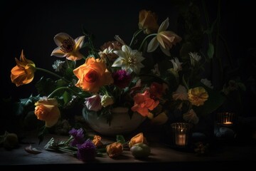 A collection of flowers resting on a table in the dim light, with petals reflecting the luminosity. Generative AI