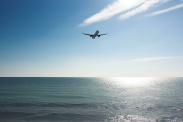 Fototapeta na wymiar Aircraft soars above the sea. Generative AI