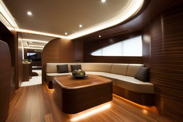 Contemporary yacht interior featuring wooden furniture and sleek lighting. Generative AI