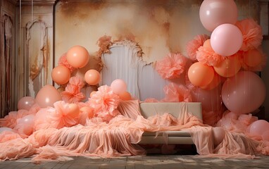 Maternity background or elegant wedding backdrop Mansion hall ballroom interior with pink flower decorations and balloons.