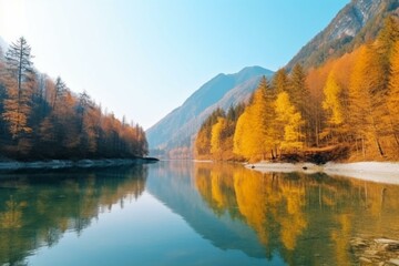 Scenic view of an autumnal lake and picturesque mountainscape. Generative AI