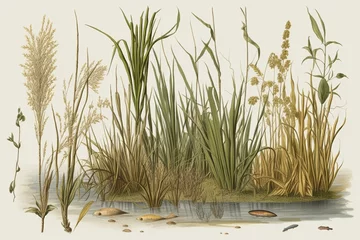 Foto op Plexiglas Illustration of wetland vegetation including sedge, reed, cane, and bulrush. Generative AI © Ronald