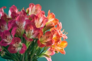 Closeup of lovely alstroemeria bouquet by light wall. Generative AI
