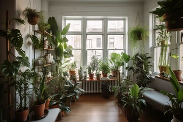 Plants-filled, bustling NYC flat interior. Generative AI