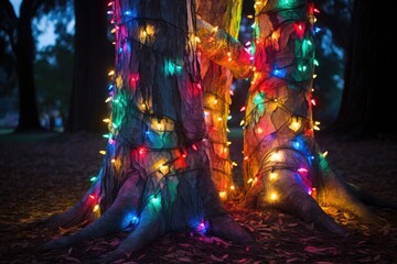 colorful christmas lights wrapped around a tree trunk