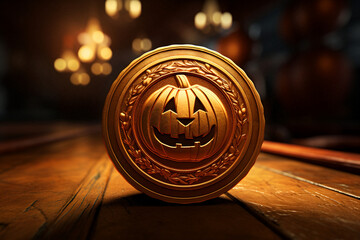 Casino chip with pumpkin, game money, halloween event at the casino, slot machine, golden coin, pumpkins and jack o lantern, gold piece, las vegas, horror, fear, seasonal events, gambling,