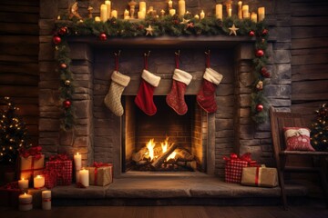 cozy fireplace with stockings and garland decorations
