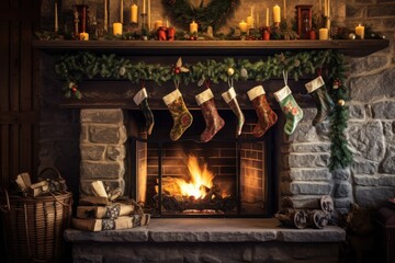 stocking hung by a fireplace with festive garland