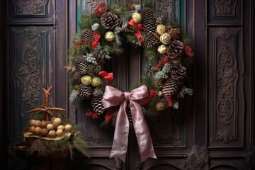 wreath with ribbons and pine cones on a door