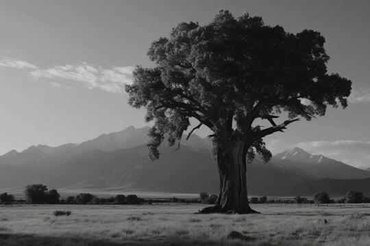 Black and white image of a large tree with mountains in the background. Generative AI