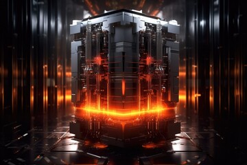 quantum computer core in a dark, futuristic setting