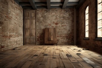 A 3D simulation of an antiquated space; dilapidated masonry with timber panel surface. Generative AI