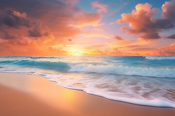 Obraz na płótnie Canvas Sea sand sky concept, sunset colors clouds, horizon, horizontal background banner. Inspire nature landscape, beautiful colors, wonderful sun rays, tropical beach
