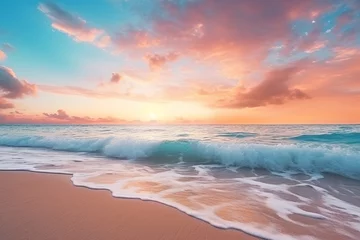 Keuken foto achterwand Strand zonsondergang Sea sand sky concept, sunset colors clouds, horizon, horizontal background banner. Inspire nature landscape, beautiful colors, wonderful sun rays, tropical beach