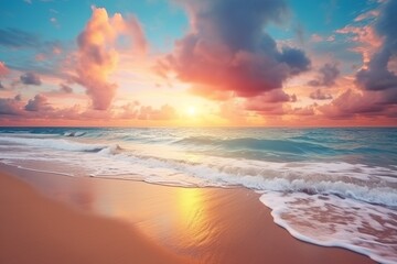 Naklejka na ściany i meble Sea sand sky concept, sunset colors clouds, horizon, horizontal background banner. Inspire nature landscape, beautiful colors, wonderful sun rays, tropical beach