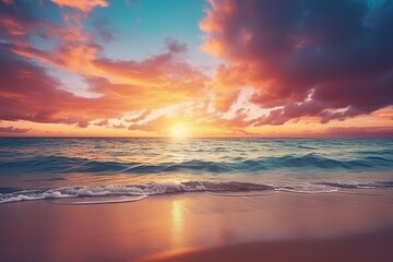 Obraz premium Sea sand sky concept, sunset colors clouds, horizon, horizontal background banner. Inspire nature landscape, beautiful colors, wonderful sun rays, tropical beach