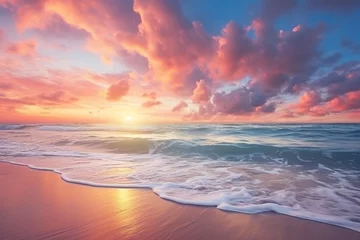 Fototapeten Sea sand sky concept, sunset colors clouds, horizon, horizontal background banner. Inspire nature landscape, beautiful colors, wonderful sun rays, tropical beach © JetHuynh