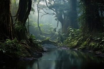 misty morning landscape of a preserved rainforest