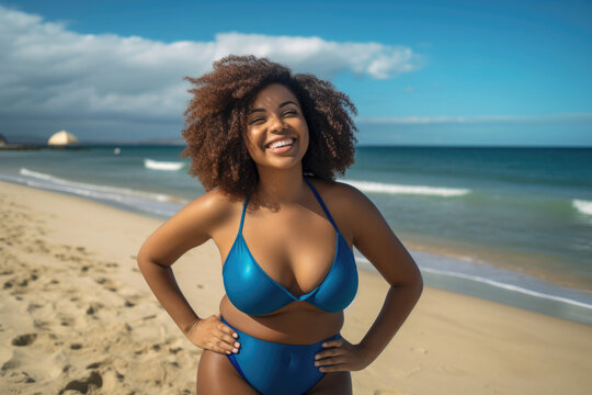 plus size african woman in bikini have fun on the beach
